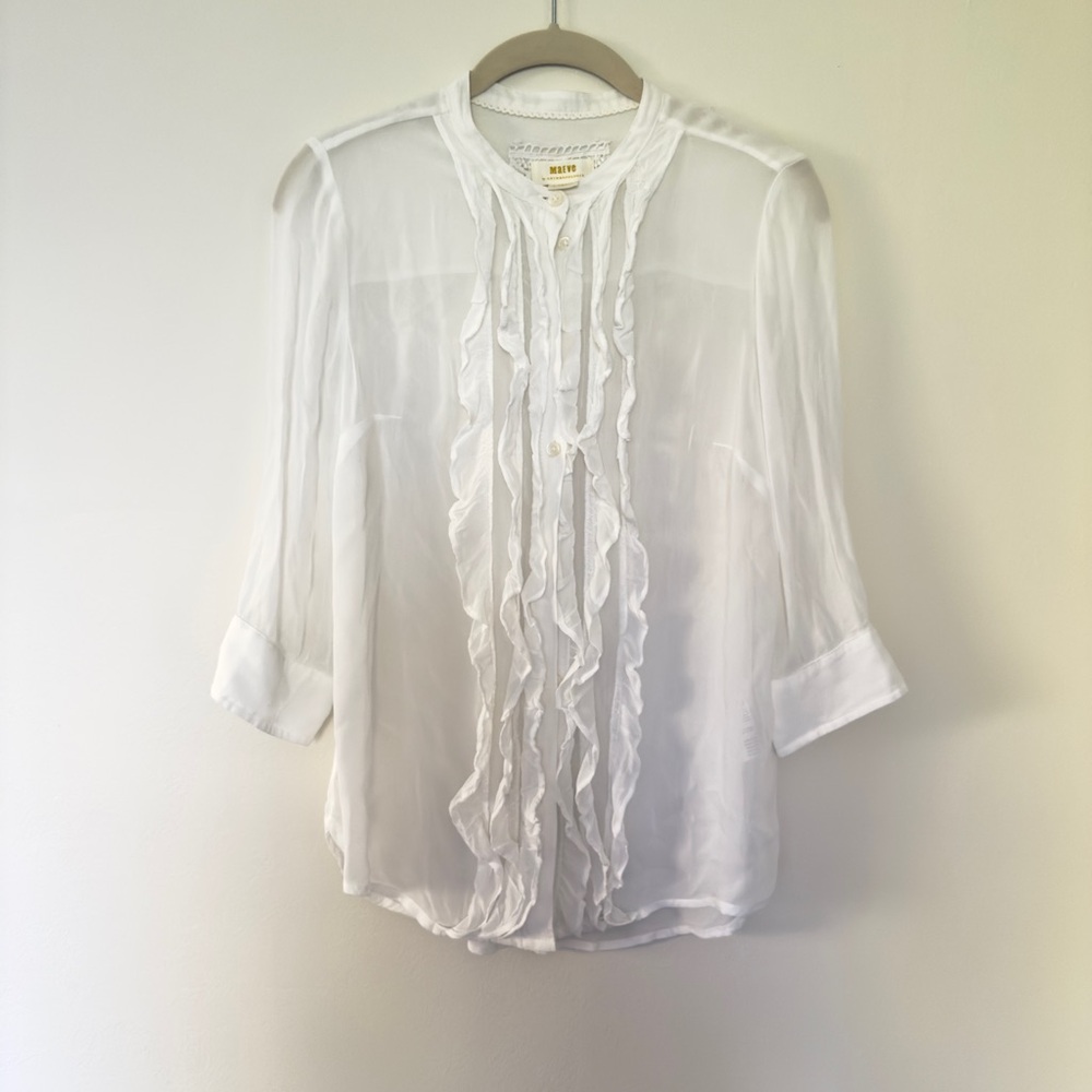 Anthropologie Sheer White Ruffled Blouse